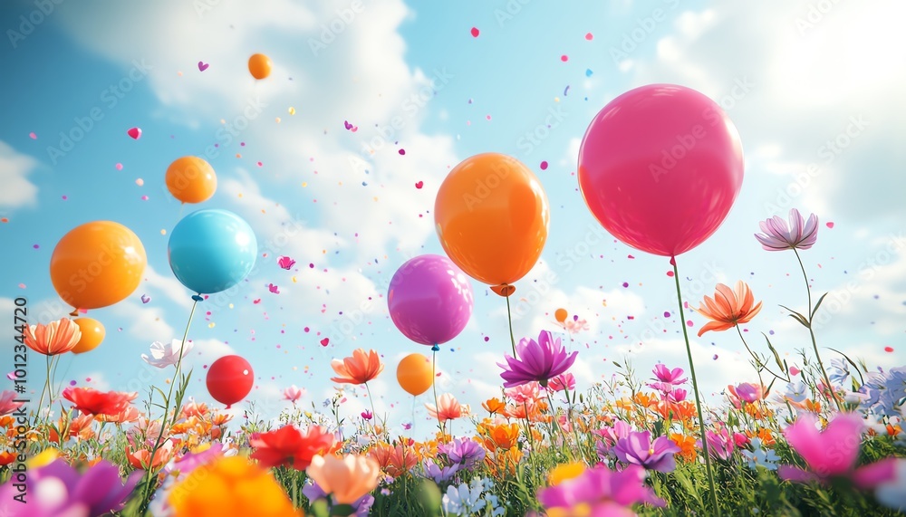 Fototapeta premium Cheerful spring party scene with colorful balloons and a beautiful flower field, providing ample copy space for party invitations and messages