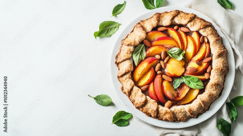 Peach and almond galette with whole wheat crust, white background. generative ai Peach and almond galette with whole wheat crust, white background. generative ai