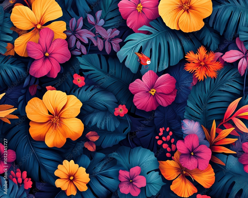 Seamless background pattern influenced by lush tropical rainforests, including vibrant colors, colorful birds, and blooming flowers