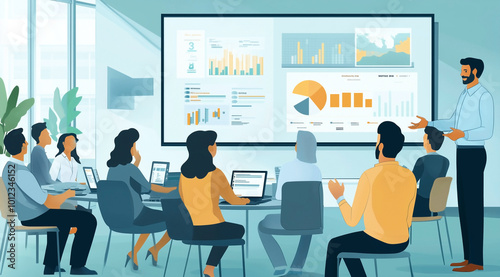 A group of business people in an office setting, sitting around a large digital screen showing real-time financial data and graphs on the TV wall.