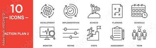 Action Plan and Development Icon Set: 10 Line Icons Including Implementation, Planning, Schedule, and Team photo