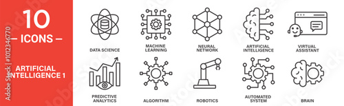 Artificial Intelligence Icon Set: 10 Line Icons Including Data Science, Neural Network, Robotics, and Virtual Assistant