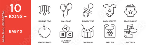 Baby Items Icon Set: 10 Line Icons Including Dummy Teat, Baby Romper, Alphabet Cubes, and Training Cup