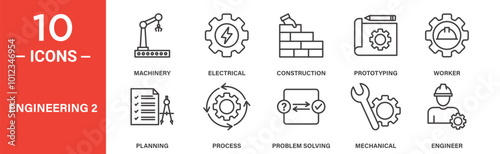 Engineering Icon Set. Engineering Vector Symbols in Black Filled and Outlined Style