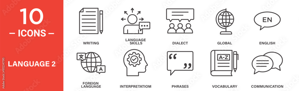Language Icon Set Featuring Writing, Vocabulary, and Global ...