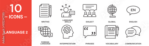 Language Icon Set Featuring Writing, Vocabulary, and Global Communication Symbols in Outline Style