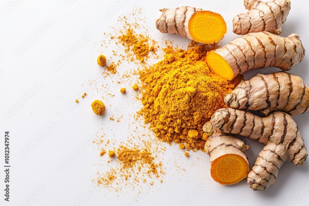 Black background with isolated yellow splashes of turmeric powder ...