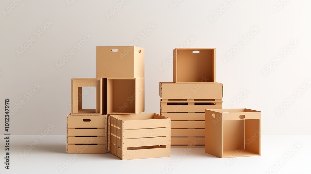 A stack of sturdy cardboard crates in various sizes is showcased against a clean white background, emphasizing their versatility and practicality. These durable crates are ideal for storage, organizat A stack of sturdy cardboard crates in various sizes is showcased against a clean white background, emphasizing their versatility and practicality. These durable crates are ideal for storage, organizat