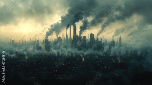 A dense cityscape shrouded in smog and smoke from industrial factories, a bleak and dystopian vision of the future.