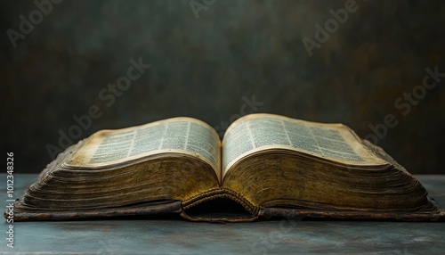 Open holy book on a grey surface with ample copy space banner background, ideal for inspirational or religious content