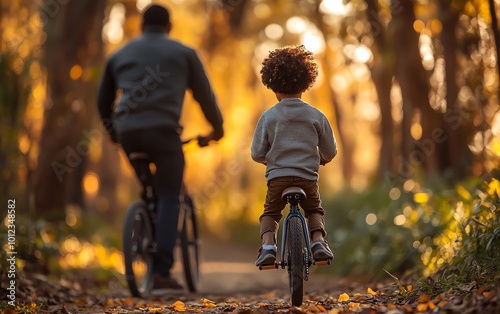 Rear view of a young boy learning to ride a bicycle with his father next to him, emphasizing the teaching moment and bond photo