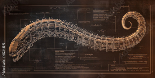 A diagram of a sand worm or graboid -  Anatomical drawing of a Alitta virens  - medical style intricate drawing of a magical fantasy character engineering study photo