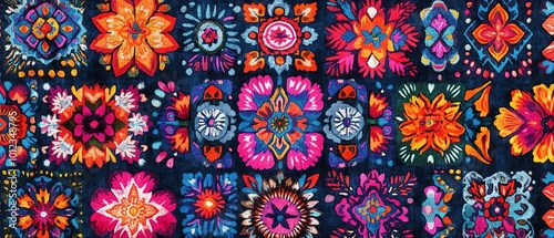 Seamless pattern featuring bright, traditional Mexican textile designs with intricate and colorful patterns photo