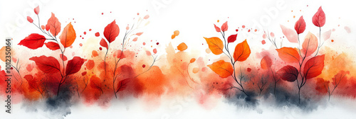 Watercolor painting of autumn leaves in red, orange, and yellow.