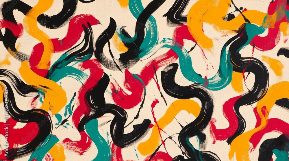 Obraz premium Abstract background with vibrant paint strokes in yellow, black, red, and blue on a cream background.