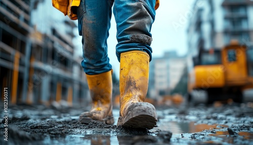 Construction worker s legs onsite, capturing the details of the work environment and construction activity