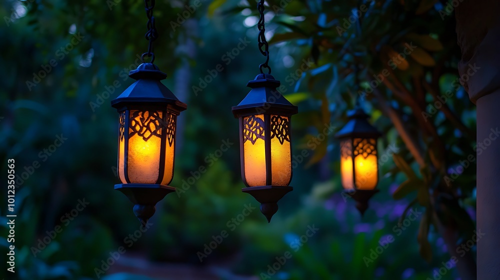 A soft, glowing lanterns in a snowy forest with a dark, clear space for text A soft, glowing lanterns in a snowy forest with a dark, clear space for text