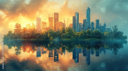 A cityscape with tall skyscrapers surrounded by green trees on a small island with a lake in the foreground, at sunset.