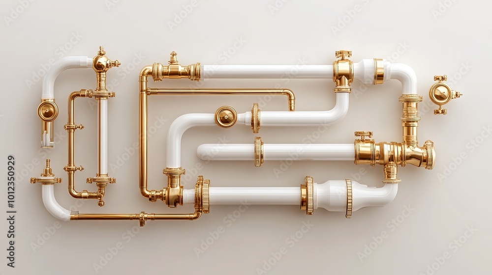 An artistic representation of bath shower pipes showcases a series of interconnected pipes at various angles, isolated against a light gray background. This creative depiction highlights the complexit An artistic representation of bath shower pipes showcases a series of interconnected pipes at various angles, isolated against a light gray background. This creative depiction highlights the complexit