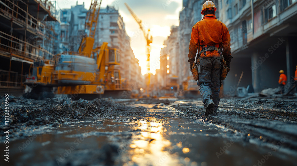 Construction worker walks through a muddy construction site. Construction worker walks through a muddy construction site.