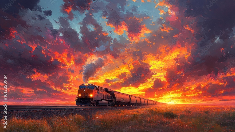 A freight train travels through a vast field at sunset, with a fiery sky filled with dramatic clouds. A freight train travels through a vast field at sunset, with a fiery sky filled with dramatic clouds.