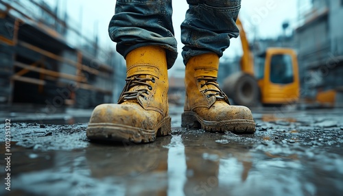 Legs of a construction worker at work on a building site, showcasing active construction and site environment