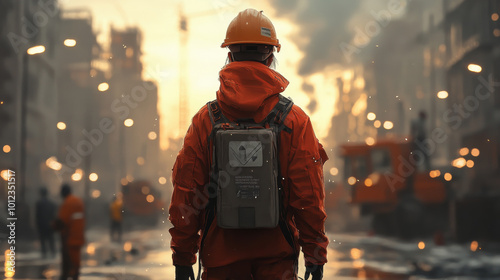 A lone worker in an orange jacket and hard hat walks through a bustling city street.