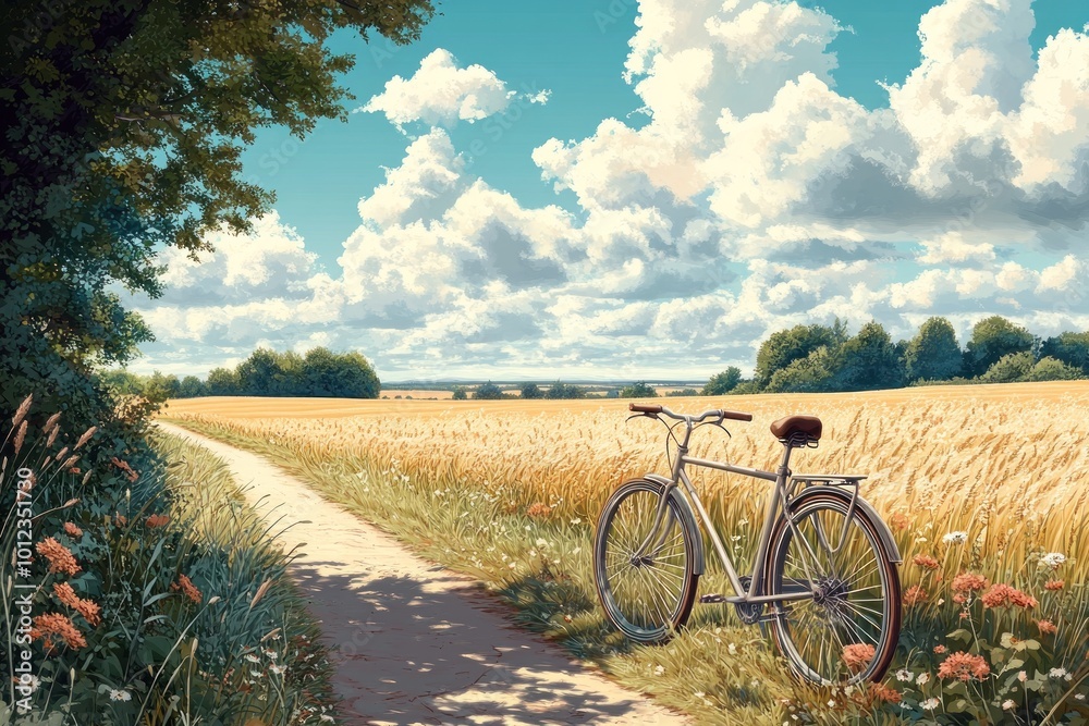 Obraz premium A bicycle leans against a dirt path lined with wildflowers leading into a field of golden wheat. A blue sky dotted with fluffy clouds hangs overhead, casting a warm, sunny glow on the scene.
