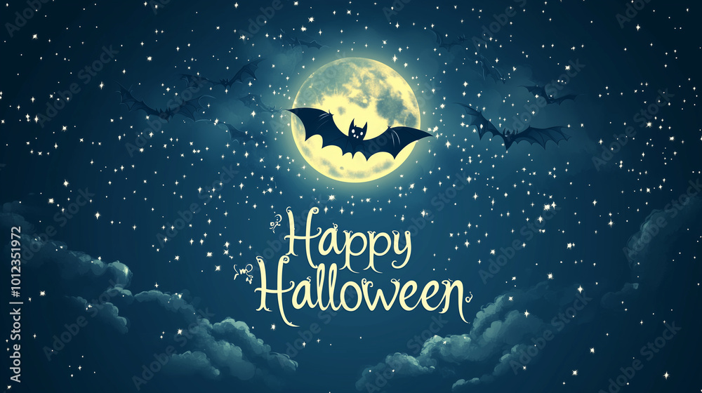 Fototapeta premium A night sky filled with stars and a glowing moon, with a bat silhouette and 