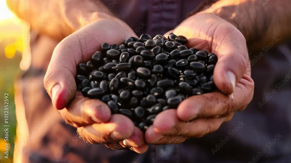 Hands Holding Black Beans in Golden Sunlight Close-Up Hands Holding Black Beans in Golden Sunlight Close-Up