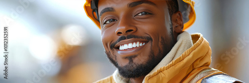 Smiling construction worker in yellow hardhat.