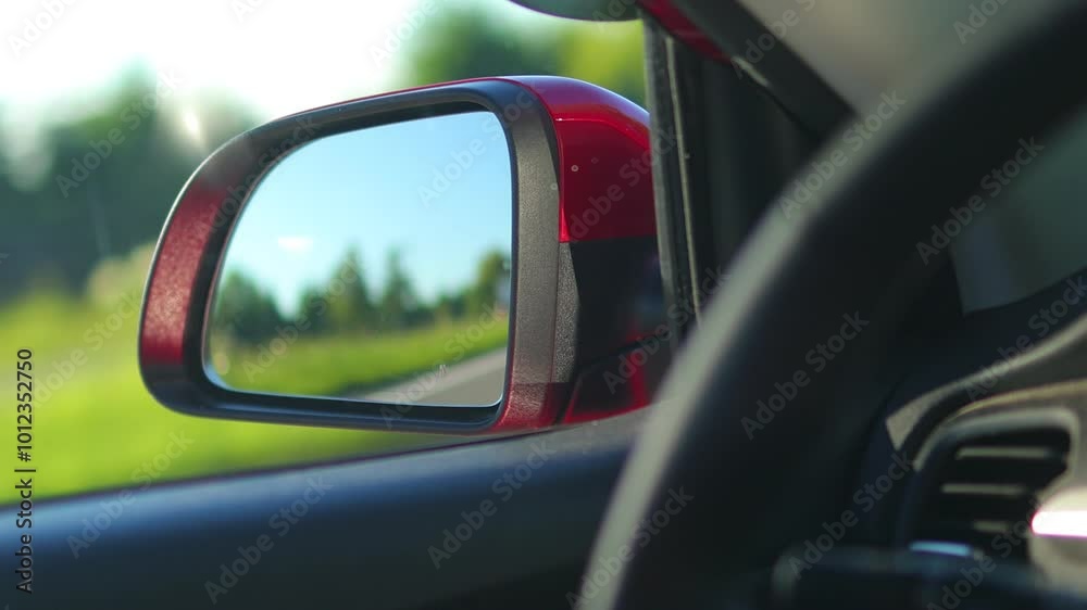 Red automobile in motion. View in the rear view side mirror of a auto, driving a red car along the track Red automobile in motion. View in the rear view side mirror of a auto, driving a red car along the track