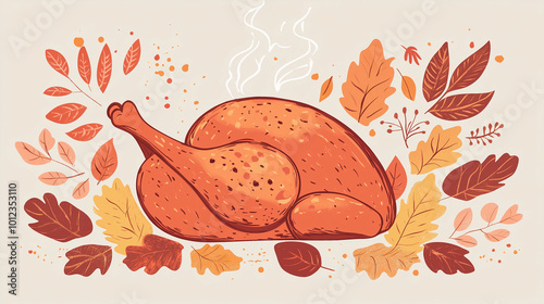 Hand-drawn roasted turkey with steam rising and decorative fall leaves around the edges. Flat illustration, thanksgiving photo