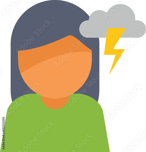 Flat vector icon of a young woman having a sudden idea, symbolized by a lightning bolt and a cloud