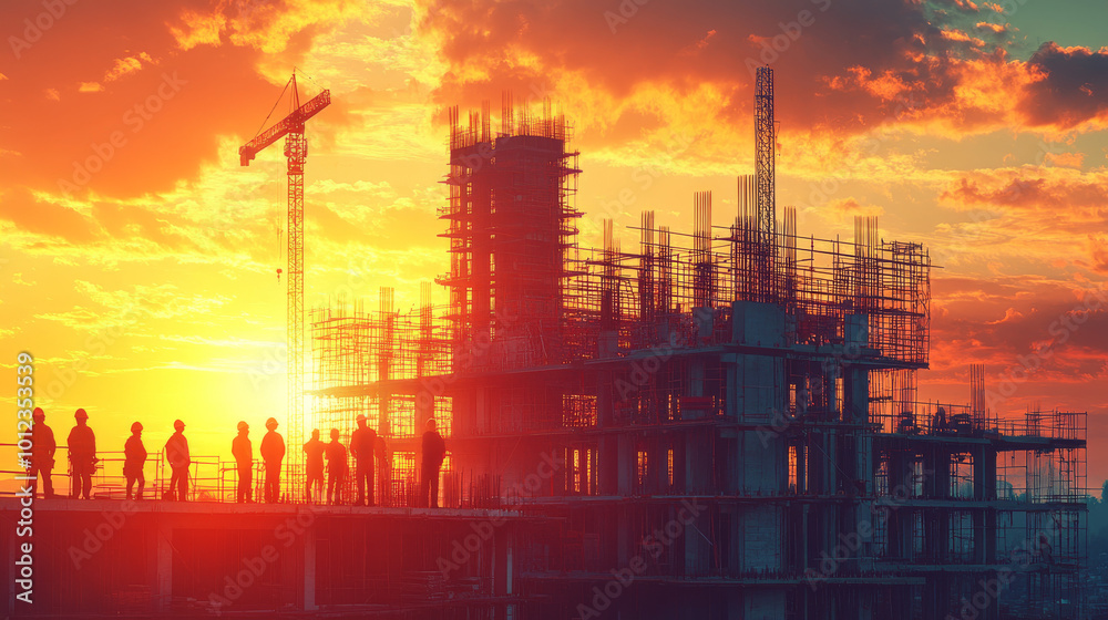 Construction workers stand silhouetted against a fiery sunset. Construction workers stand silhouetted against a fiery sunset.