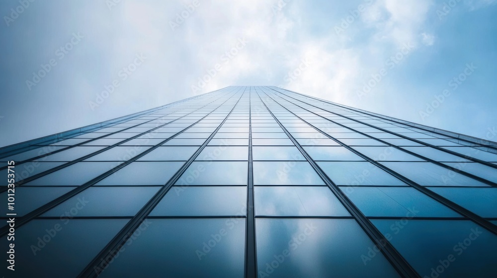 Obraz premium A minimalist skyscraper made of glass and concrete, with a smooth, mirrored surface, reflecting the sky and neighboring buildings, and a base made of solid concrete blocks.