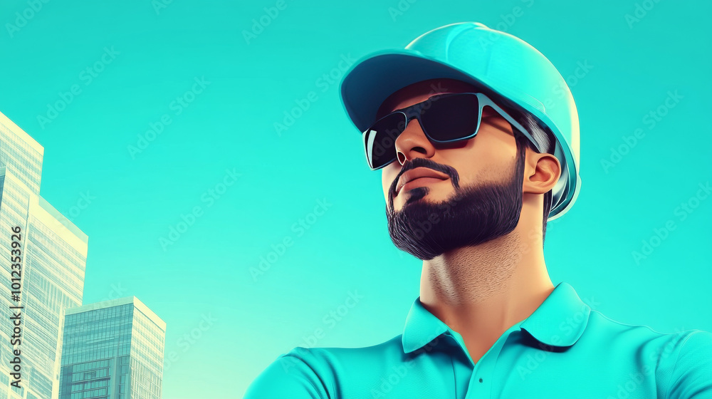 Man in blue hardhat and sunglasses looking up. Man in blue hardhat and sunglasses looking up.
