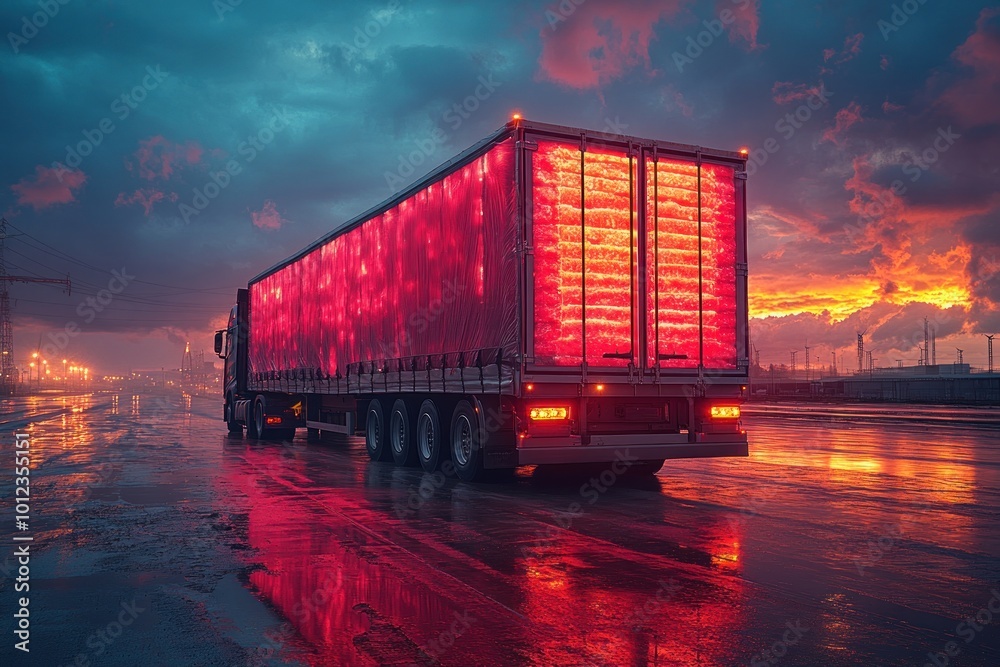 Obraz premium A semi-trailer truck with red lights on the back driving on a wet road at sunset.