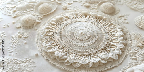 Intricate white lace design with circular patterns.