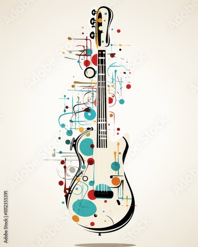 Abstract Guitar Design with Geometric Shapes, Lines, and Colorful Circles on a Light Background