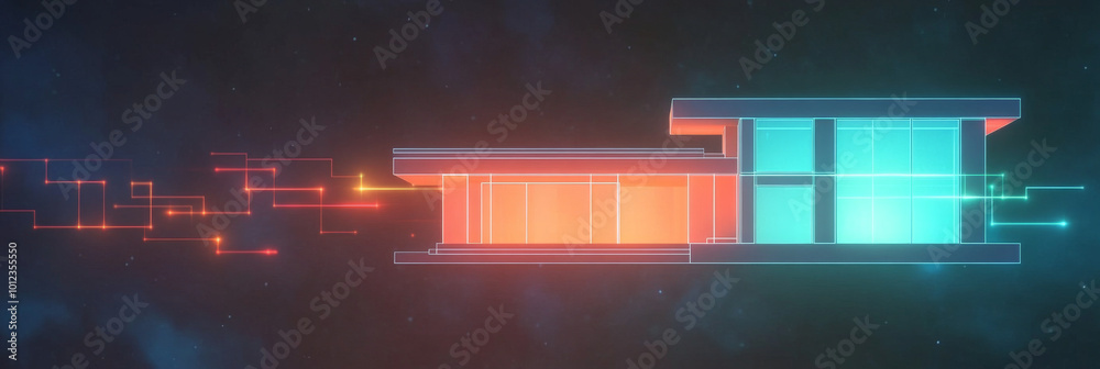 A futuristic illustration of a home glowing with bright lights. A futuristic illustration of a home glowing with bright lights.