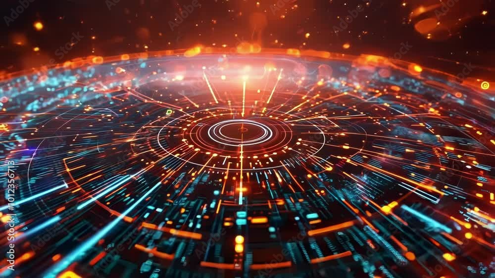 Futuristic circuit board with glowing orange lights and digital data transferring, creating a visually striking representation of modern finance and technology