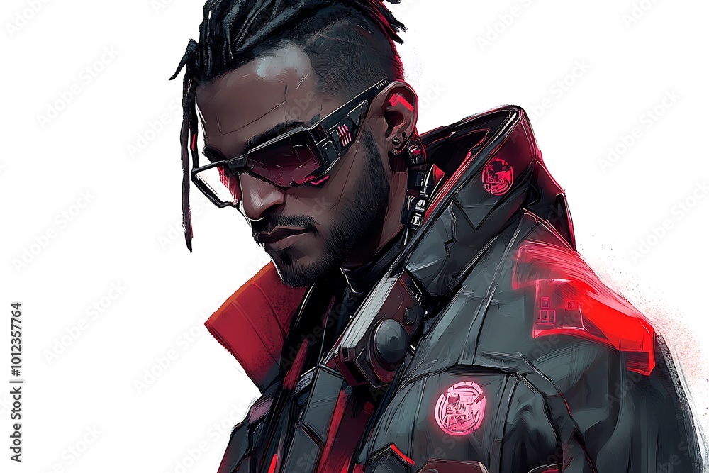 Obraz premium Cyberpunk Man with Dreadlocks, Sunglasses, and Red Neon Lights. Futuristic Male Character Illustration.