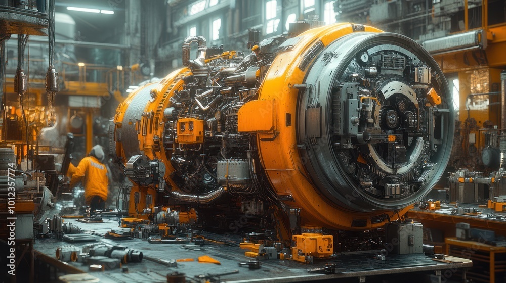 A futuristic mechanic works on a large, complex engine in a brightly lit industrial setting. A futuristic mechanic works on a large, complex engine in a brightly lit industrial setting.
