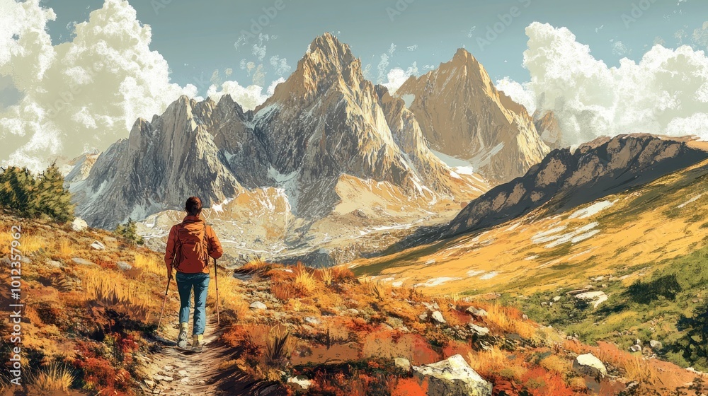 Naklejka premium Hiker Admiring Majestic Mountain Peaks