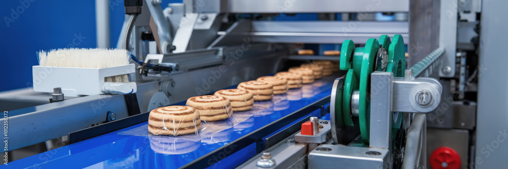 A conveyor belt with a bunch of donuts on it. The donuts are being made in a factory A conveyor belt with a bunch of donuts on it. The donuts are being made in a factory