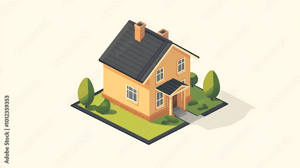 Isometric Illustration of a Suburban Home with a Lawn and Trees Isometric Illustration of a Suburban Home with a Lawn and Trees