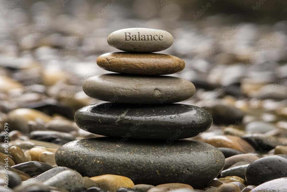 Balanced stack of smooth river rocks with 'Balance' engraved on top stone Balanced stack of smooth river rocks with 'Balance' engraved on top stone