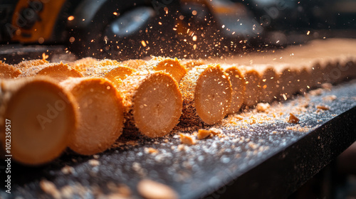 Sawdust flies as a circular saw cuts through a row of wooden logs.