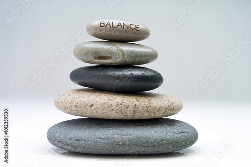 Balanced stack of smooth stones with 'Balance' engraved on top